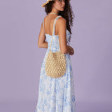 Renata | Modro midi haljina s cvjetnim uzorkom, kvadratni dekolte i naborom