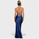 Elena - Noćno plava satenska haljina s preklopom