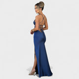 Elena - Noćno plava satenska haljina s preklopom