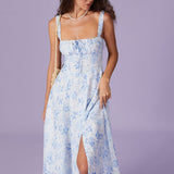 Renata | Modro midi haljina s cvjetnim uzorkom, kvadratni dekolte i naborom